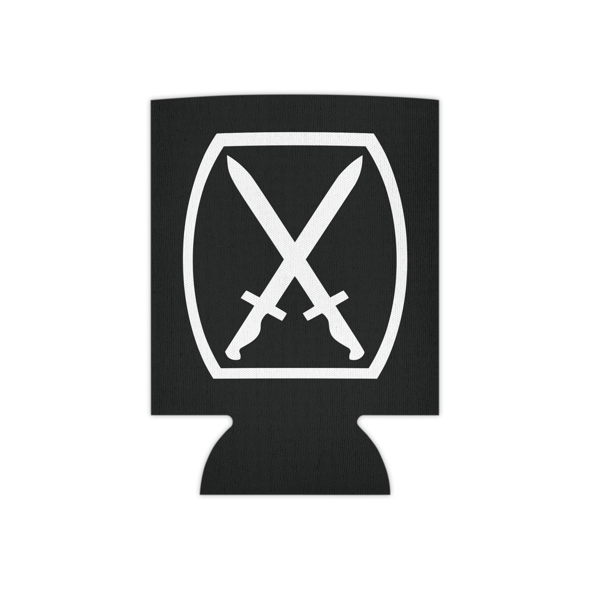 Black can cooler with 10th mountain insignia