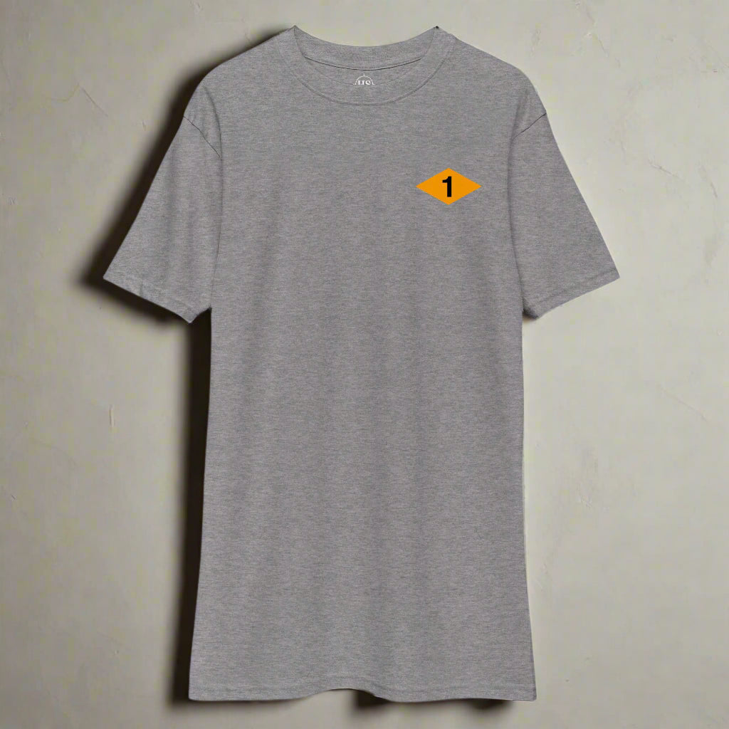 Grey t-shirt with world war 2 1st battalion ranger diamond on left chest