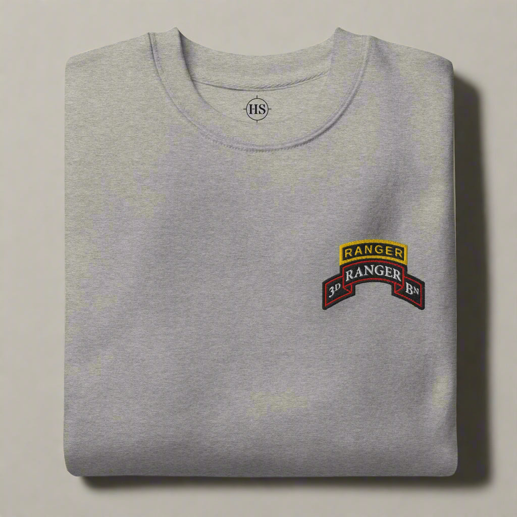 3rd ranger battalion sweatshirt embroidered with scroll and ranger tab.