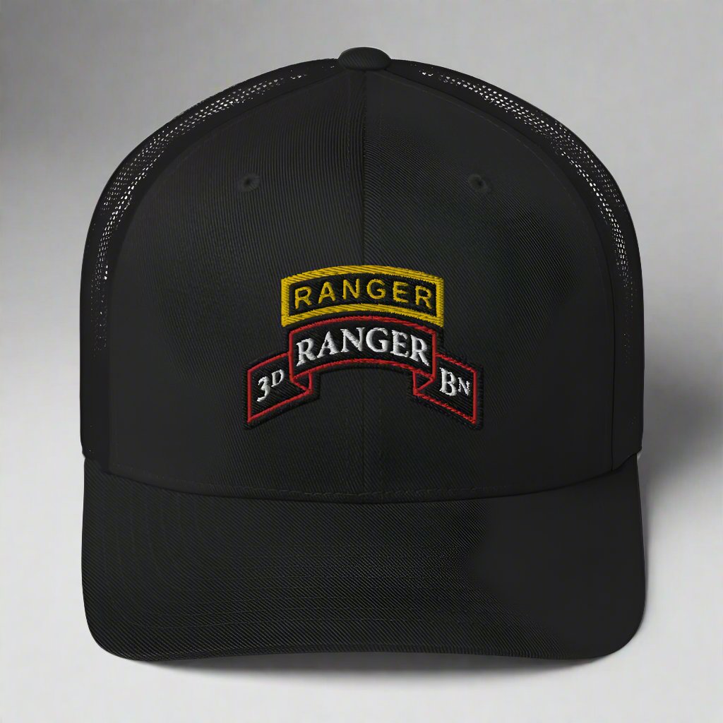 3rd ranger battalion scroll and ranger tab on a snapback trucker hat