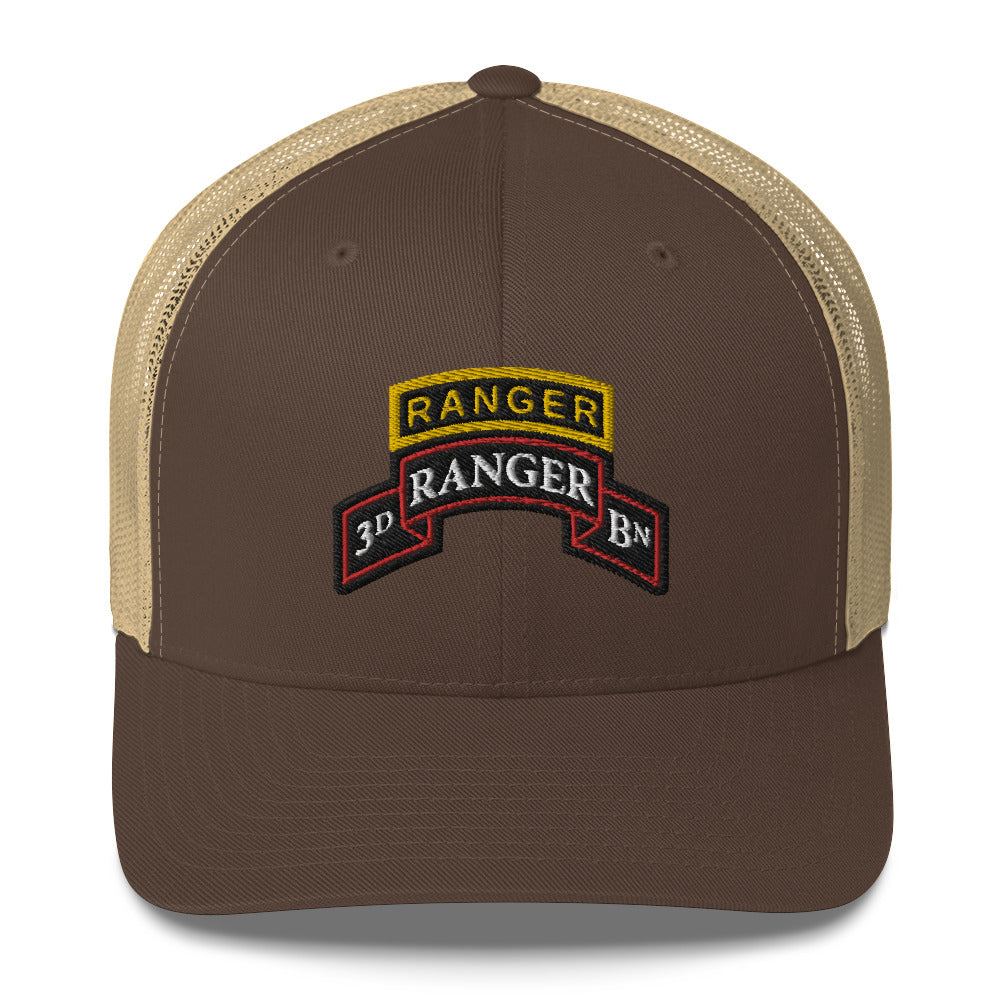 3rd ranger battalion scroll and ranger tab on a snapback trucker hat