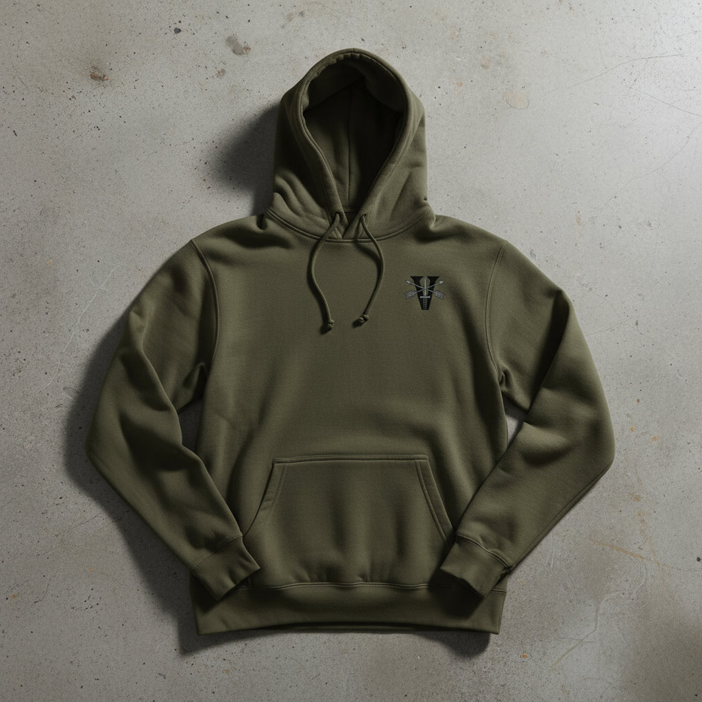 Military green hoodie with 5th special forces group insignia on the left chest.