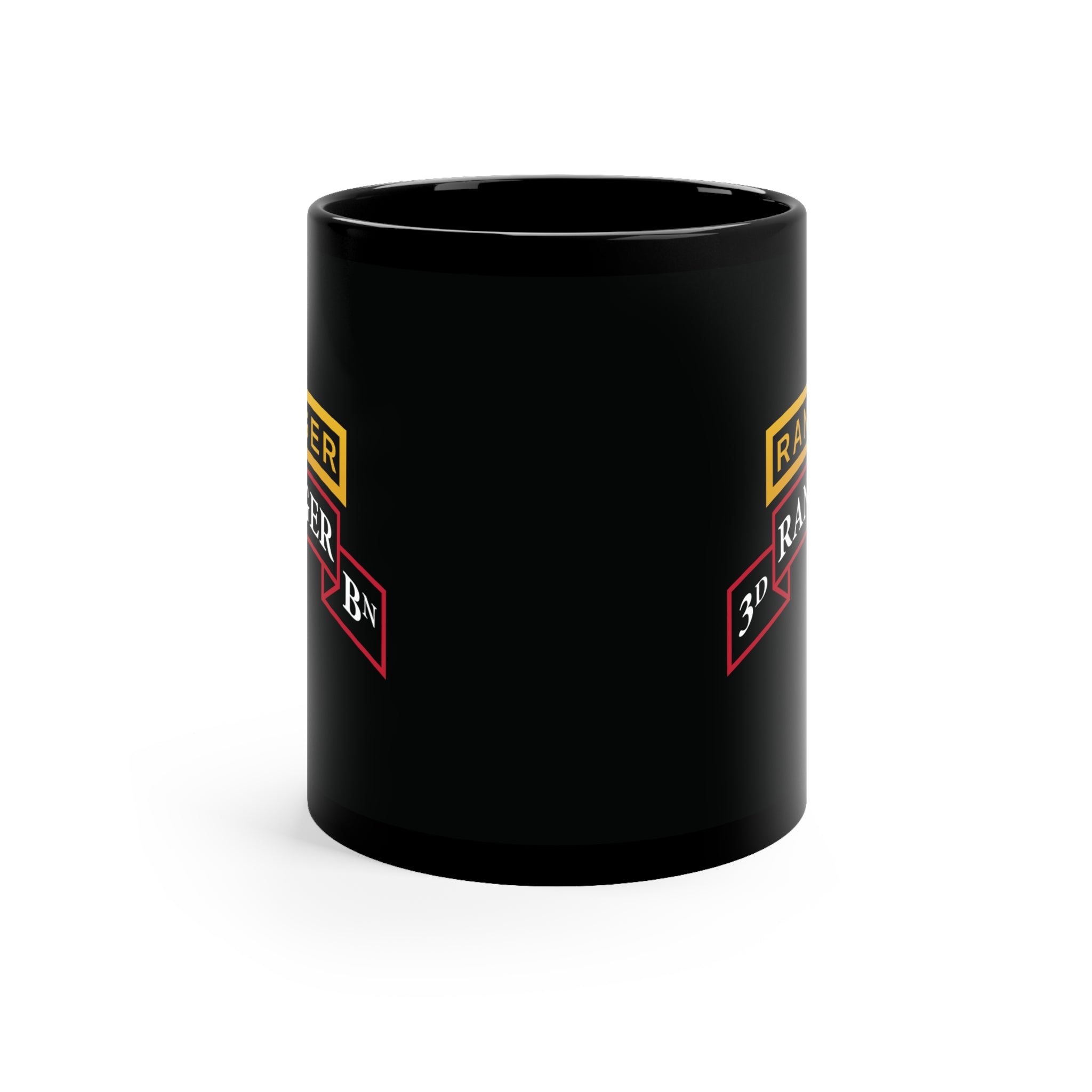 3rd ranger battalion scroll and ranger tab on a black 11oz coffee mug.