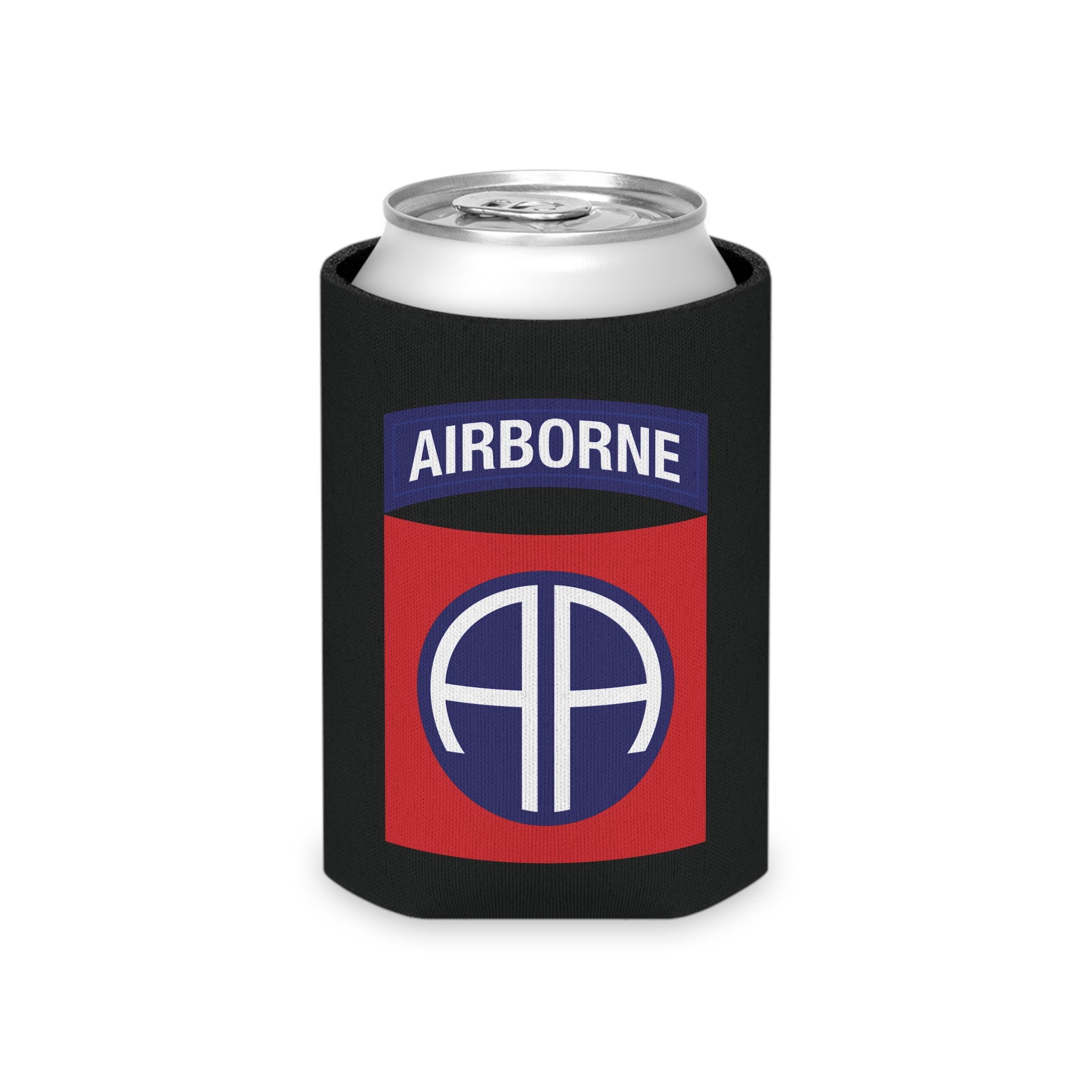 Black can cooler with 82nd airborne logo