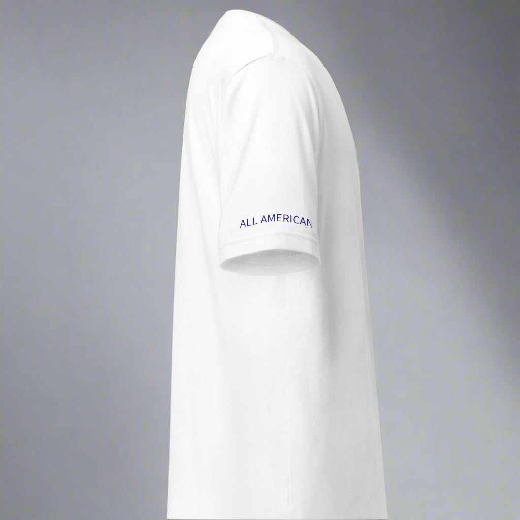 white t-shirt with 82nd airborne insignia and all american motto.