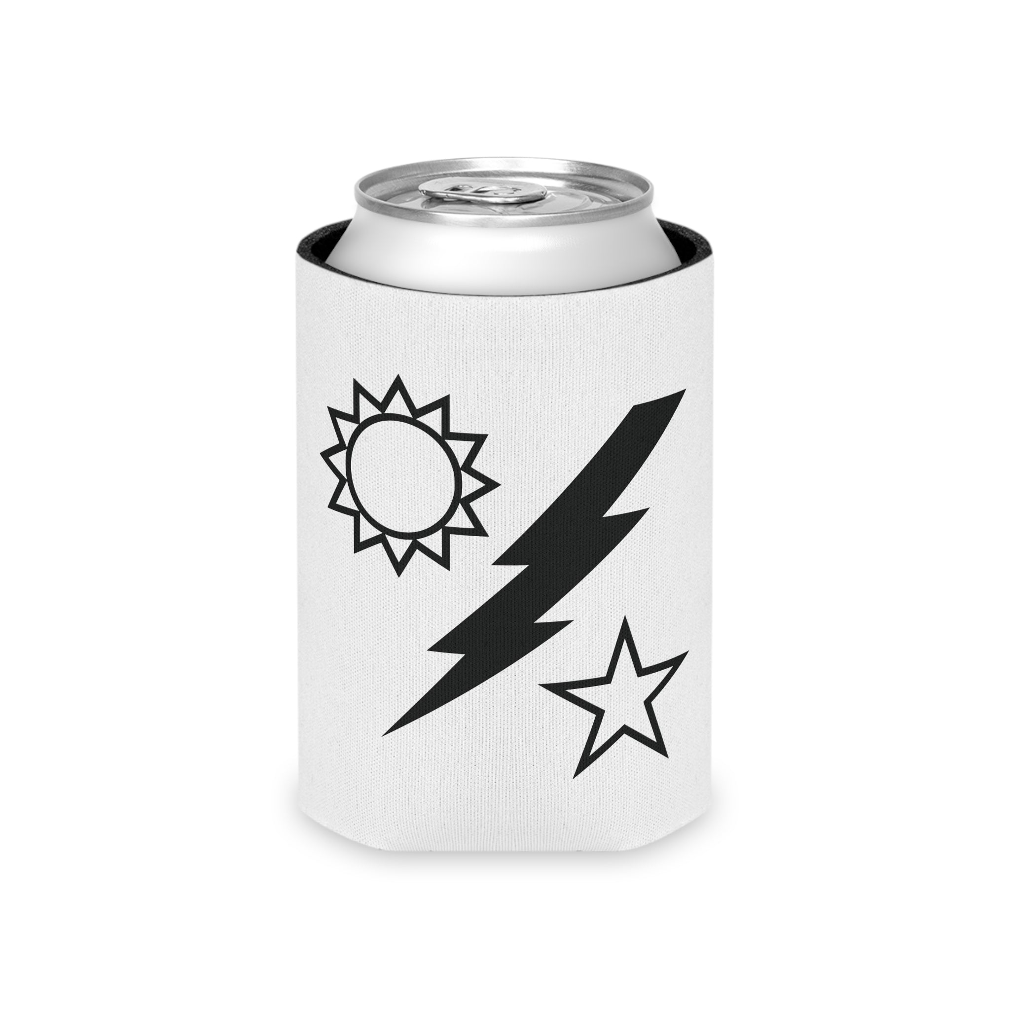 White can cooler with black sun, lightning bolt, and star designs on a white background