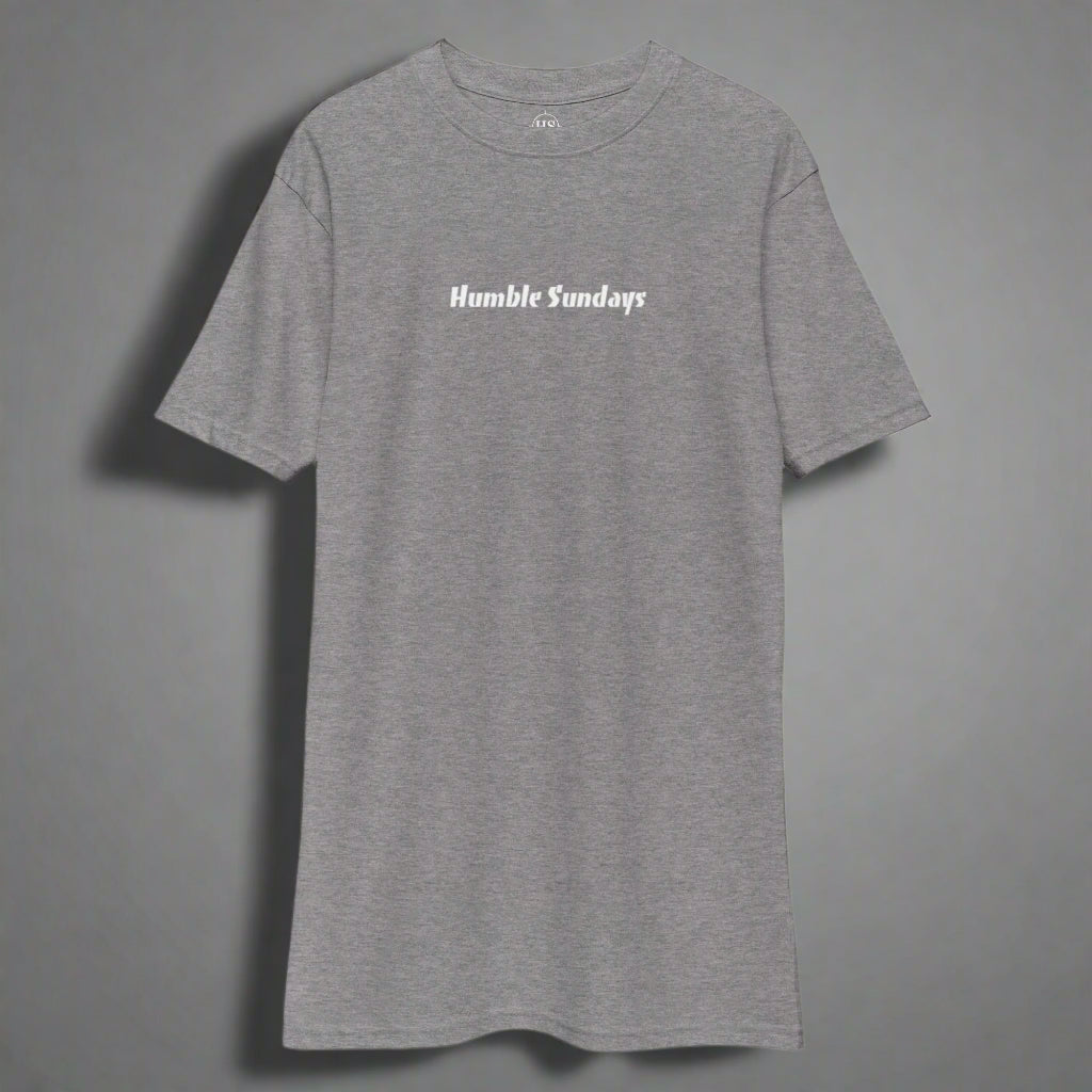 Men's grey t-shirt with the words Humble Sundays across the chest.