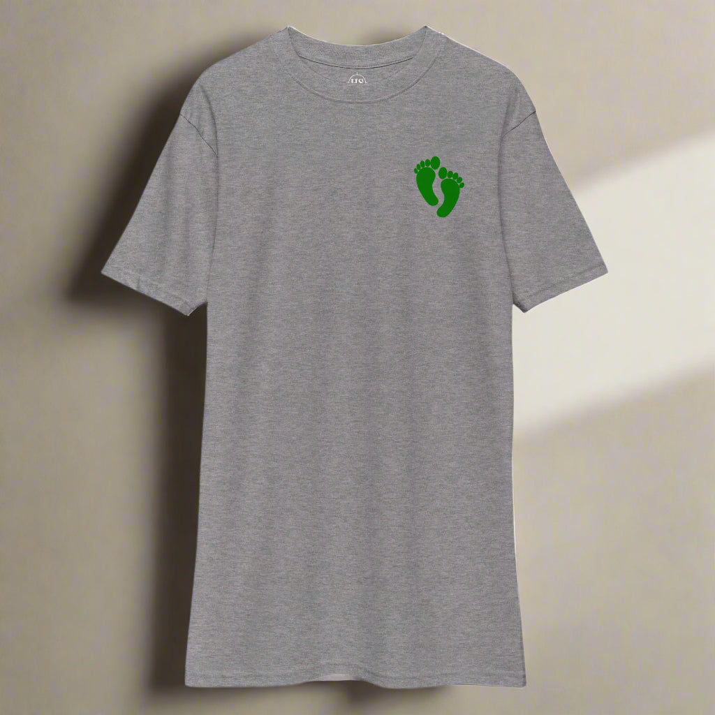 Grey t-shirt with air force pj green feet on left chest