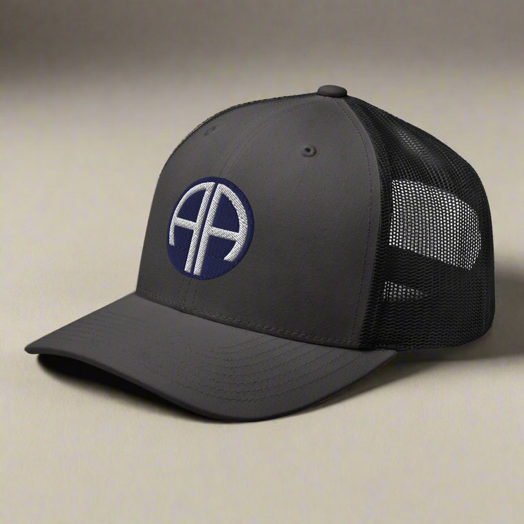 82nd airborne insignia embroidered on a snapback trucker hat
