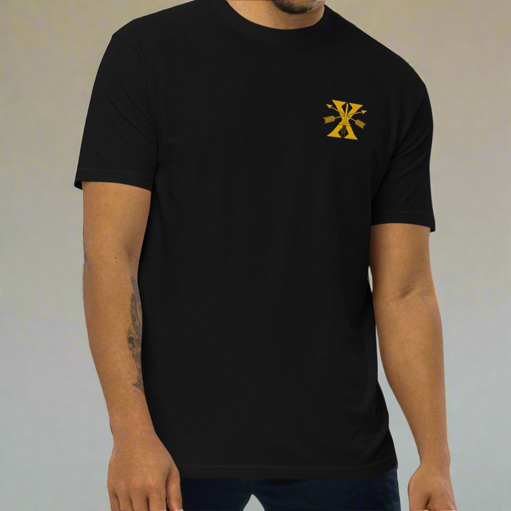 Black t-shirt with 10th special forces design on left chest