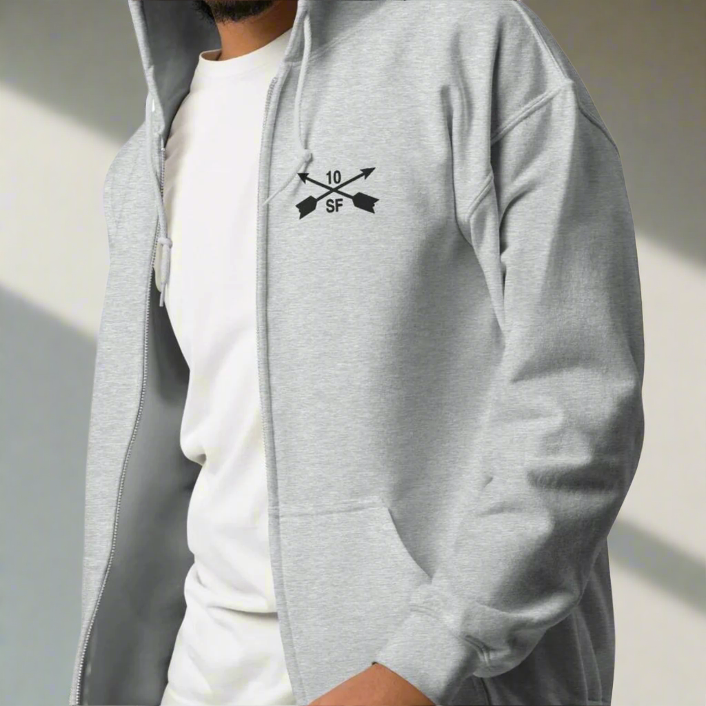 10th special forces hoodie with an embroidered design on the left chest of the crossed arrows.