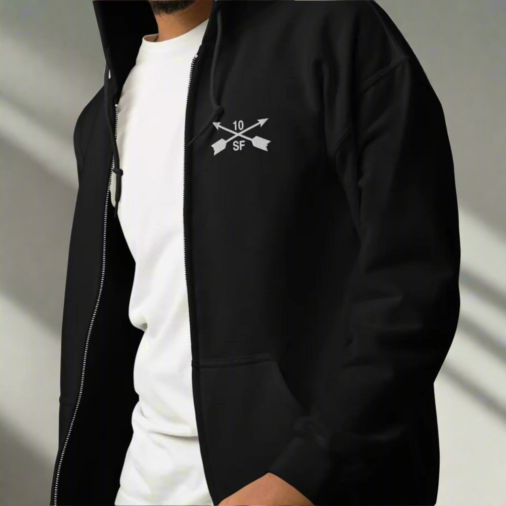 10th special forces hoodie with an embroidered design on the left chest of the crossed arrows.