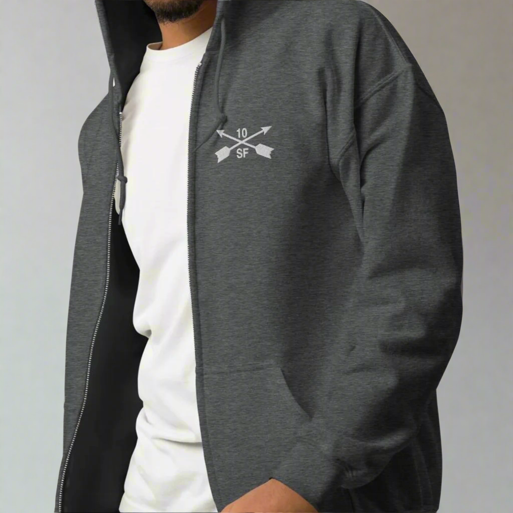 10th special forces hoodie with an embroidered design on the left chest of the crossed arrows.