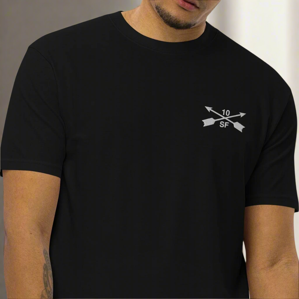 10th special forces group men's heavy weight t-shirt with embroidered design on the left chest. 