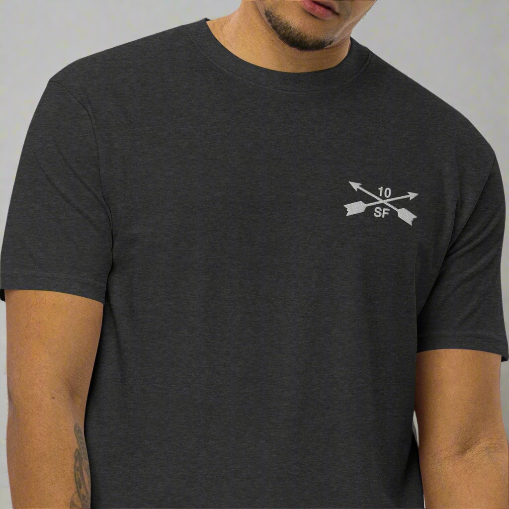 10th special forces group men's heavy weight t-shirt with embroidered design on the left chest. 