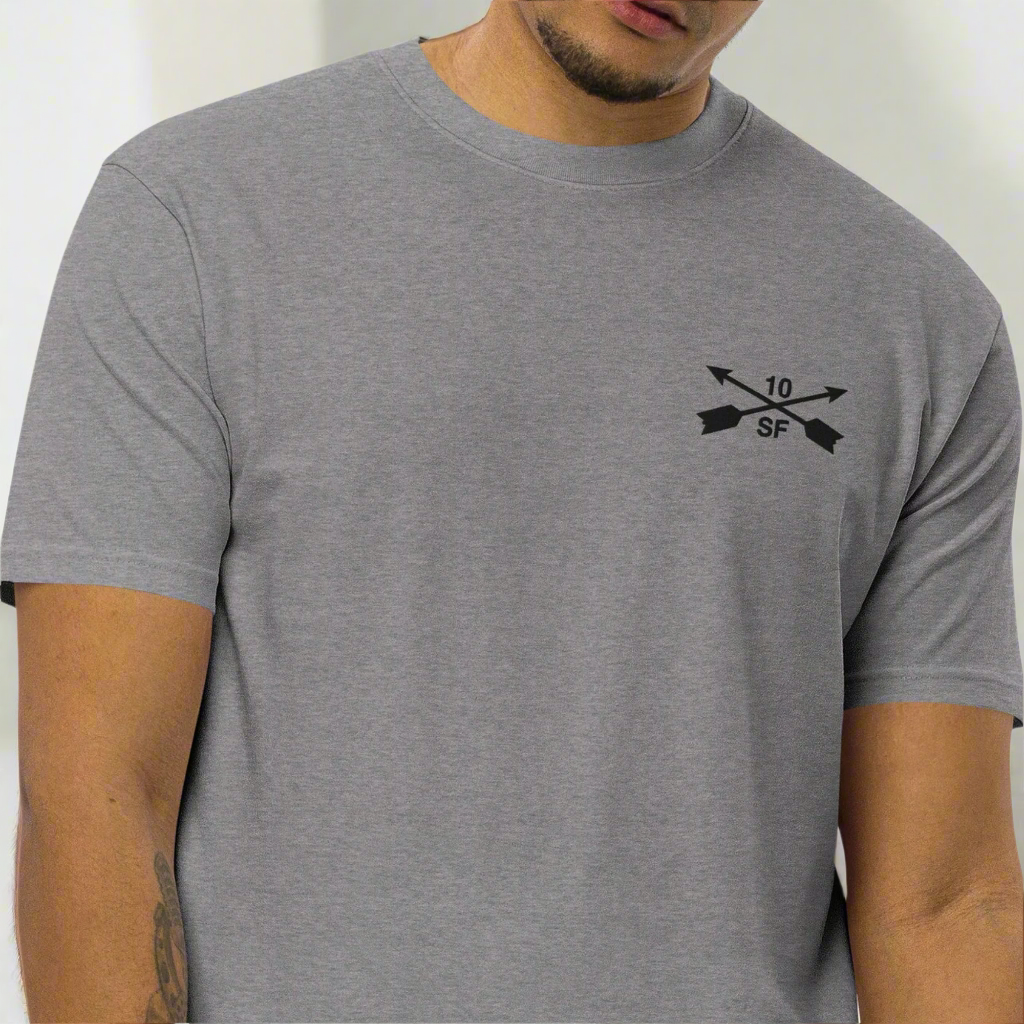 10th special forces group men's heavy weight t-shirt with embroidered design on the left chest. 