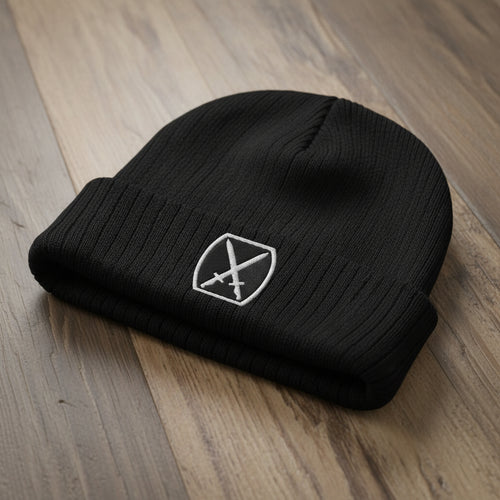 Ribbed knit beanie with 10th Mountain design