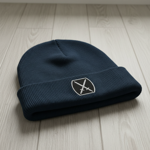 Ribbed knit beanie with 10th Mountain design