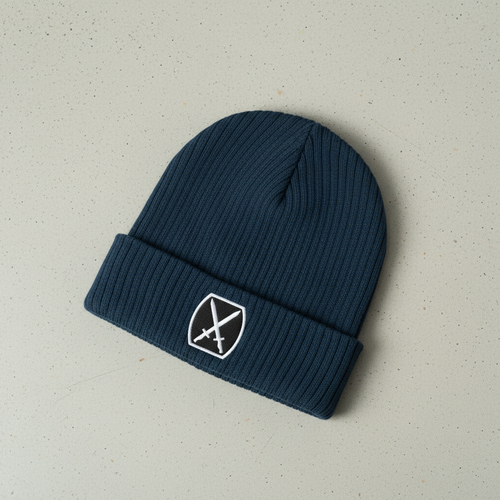 Ribbed knit beanie with 10th Mountain design