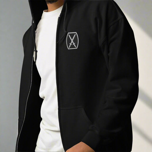 full zip hoodie embroidered with black and white design of 10th mountain insignia.