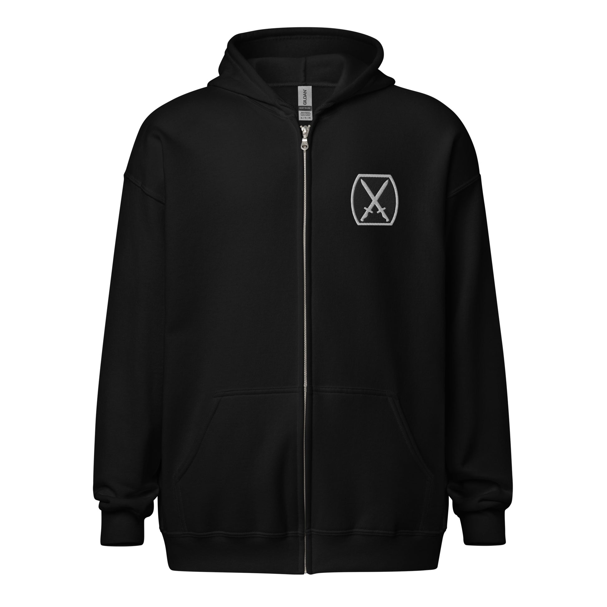 full zip hoodie embroidered with black and white design of 10th mountain insignia.