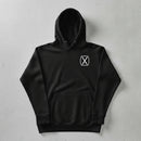 black pullover hoodie with 10th mountain insignia on the left chest. 