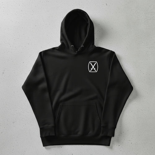 black pullover hoodie with 10th mountain insignia on the left chest. 