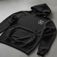 black pullover hoodie with 10th mountain insignia on the left chest. 