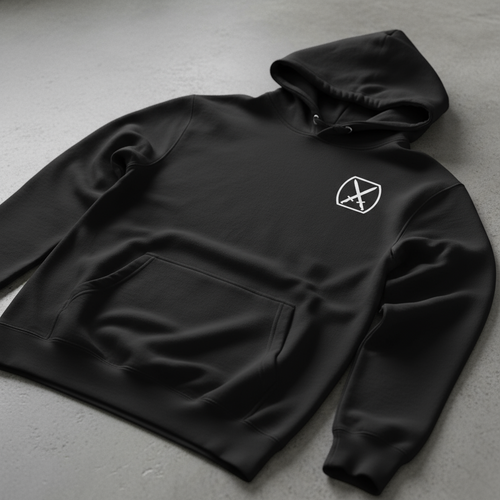 black pullover hoodie with 10th mountain insignia on the left chest. 