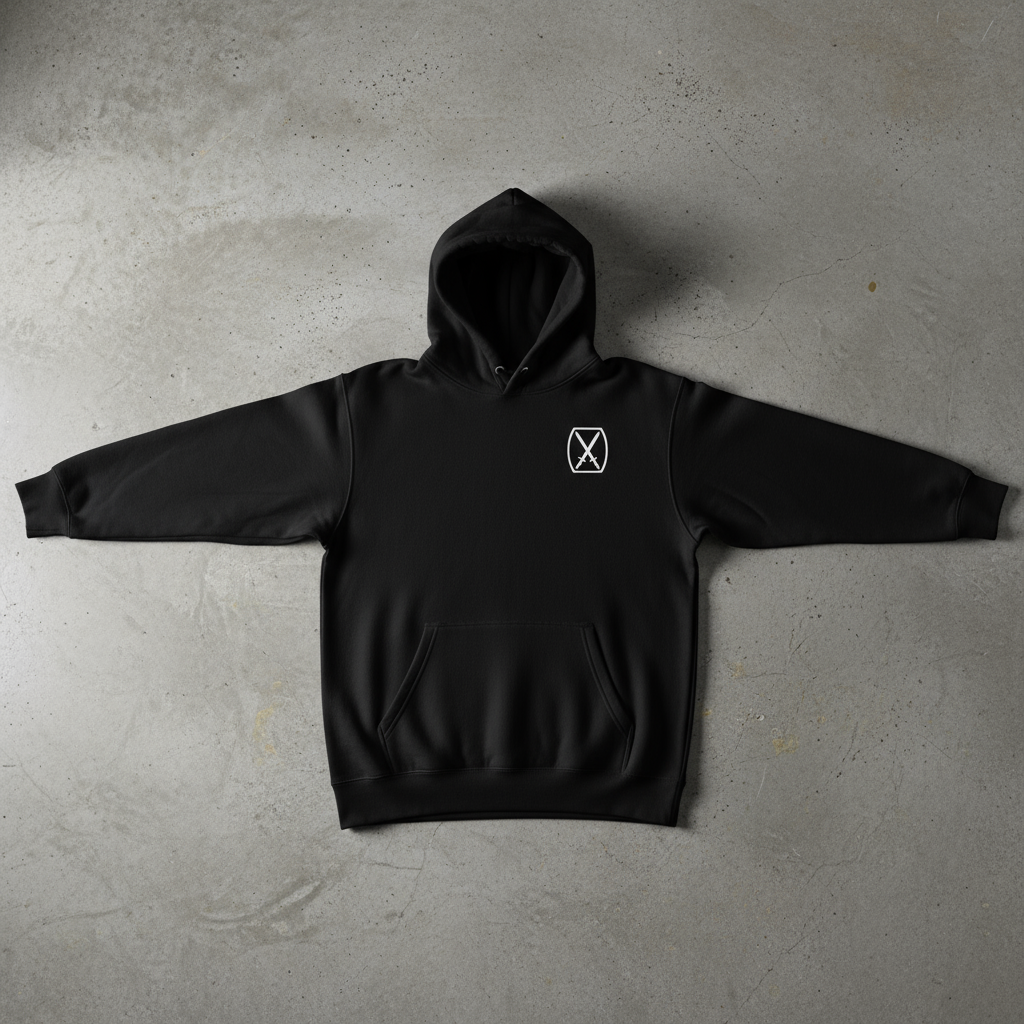 black pullover hoodie with 10th mountain insignia on the left chest. 