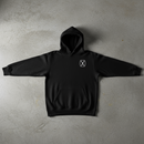 black pullover hoodie with 10th mountain insignia on the left chest. 