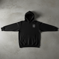 black pullover hoodie with 10th mountain insignia on the left chest. 