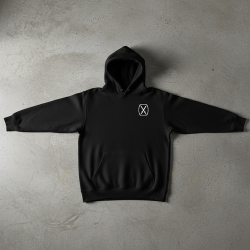 black pullover hoodie with 10th mountain insignia on the left chest. 