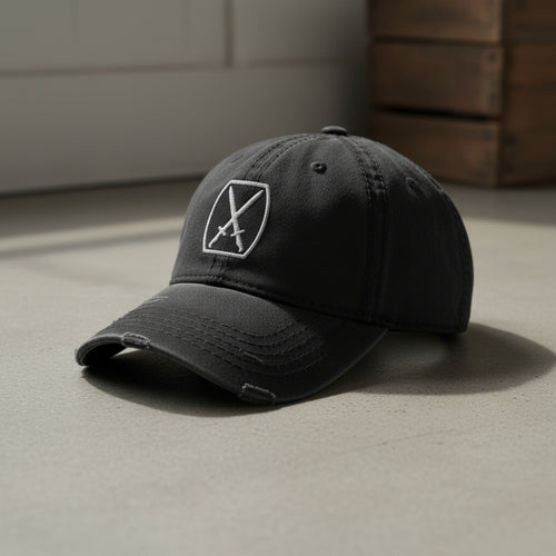 Distressed dad hat with 10th Mountain insignia