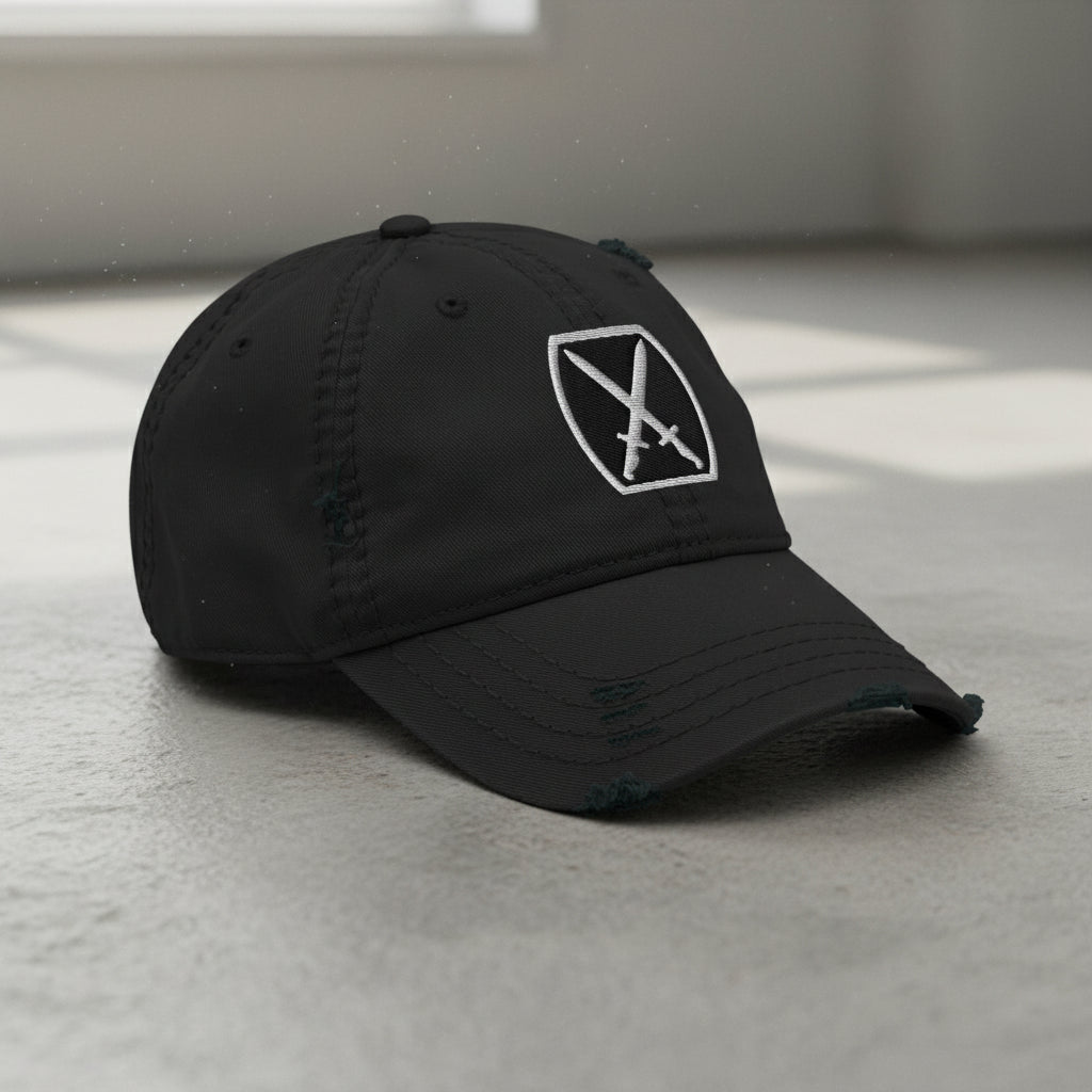 Distressed dad hat with 10th Mountain insignia