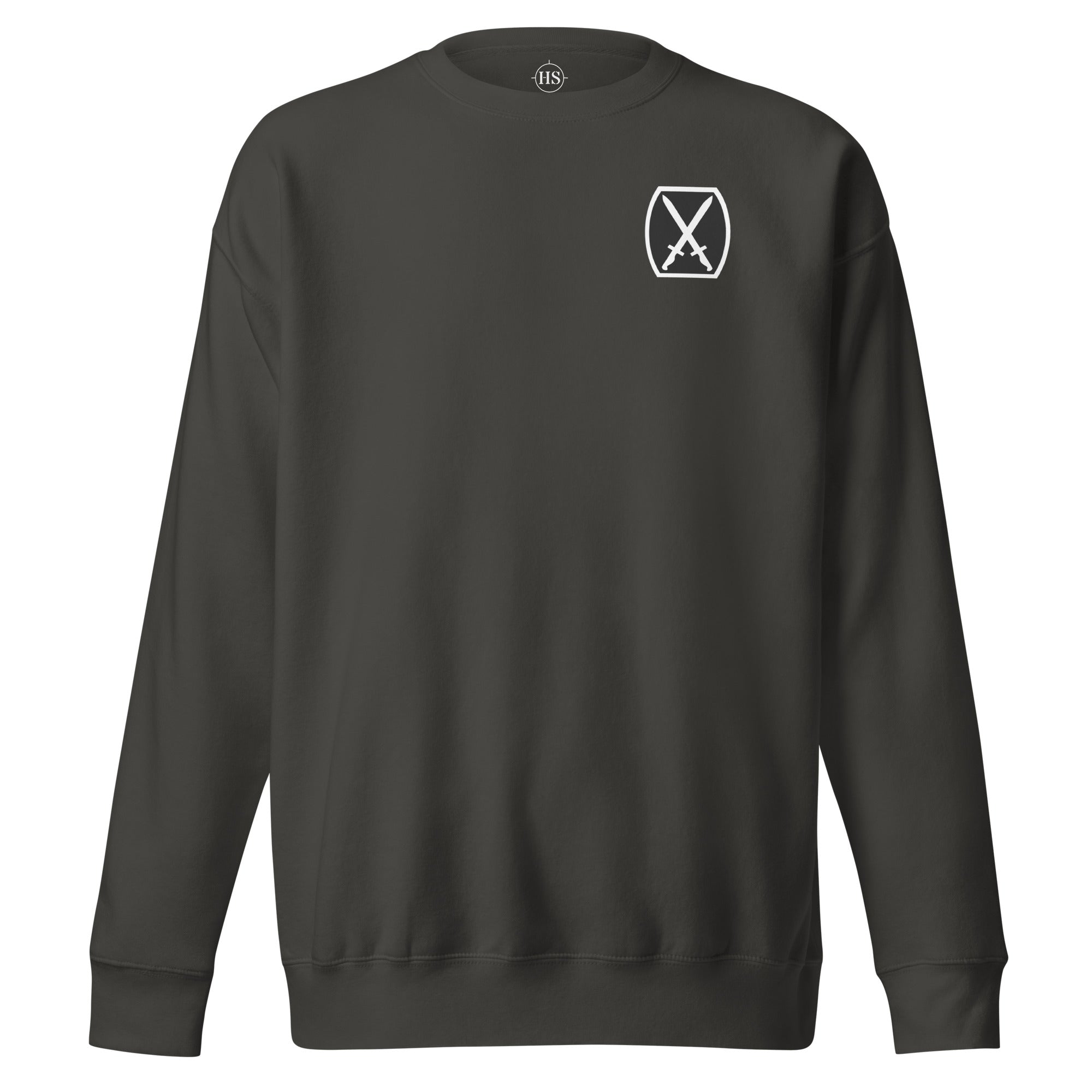 grey sweatshirt with 10th mountain insignia on the left chest