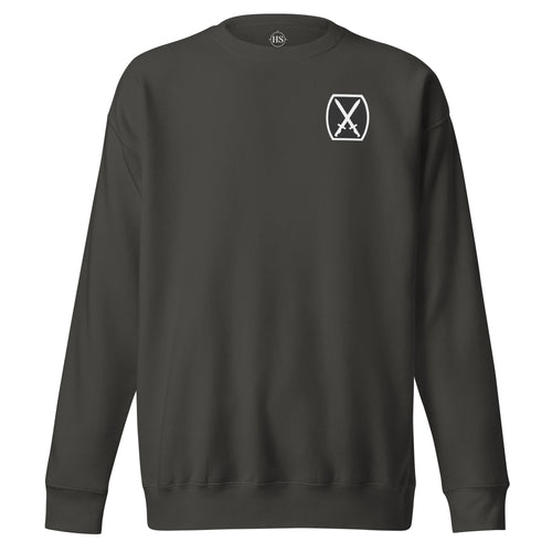 grey sweatshirt with 10th mountain insignia on the left chest