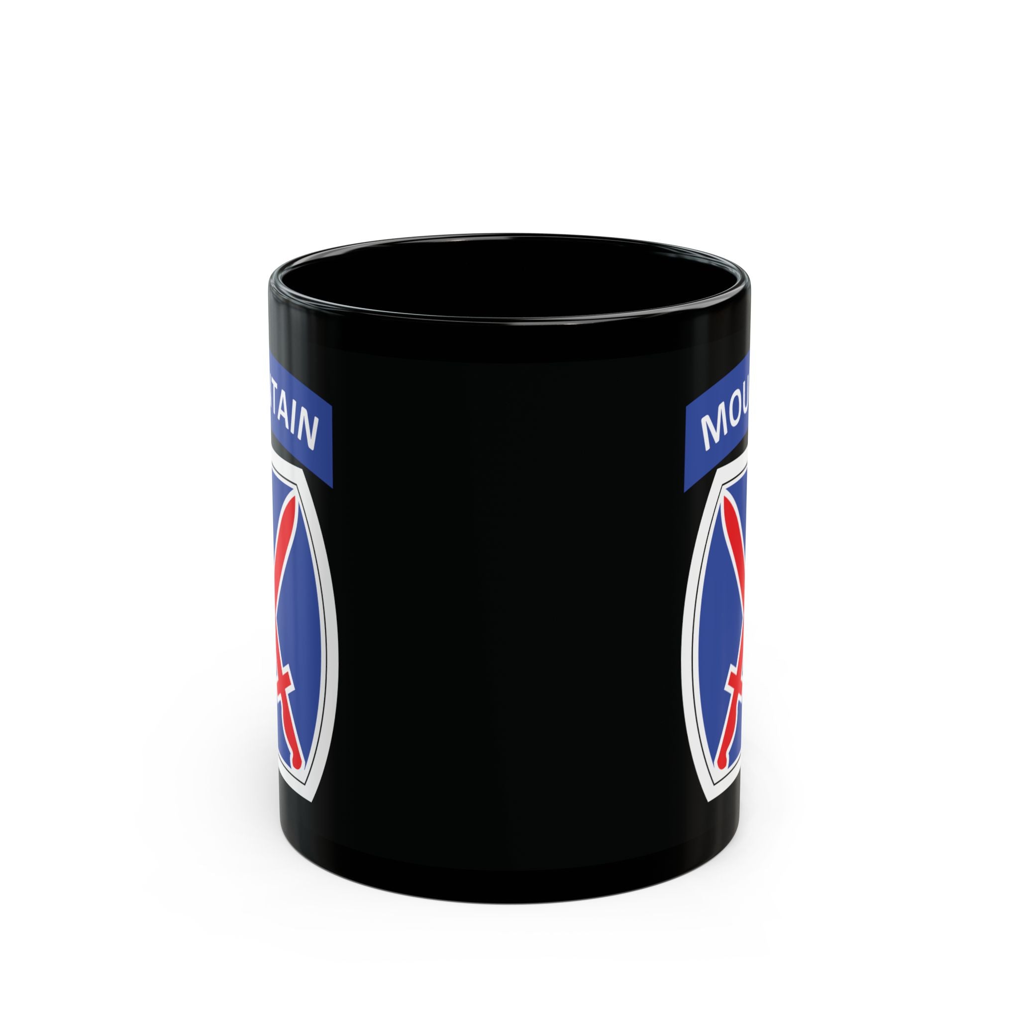 10th mountain insignia on a black coffee mug