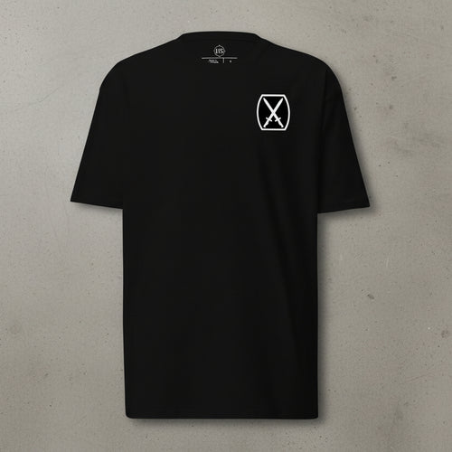 Black t-shirt with 10th mountain division insignia on the left chest