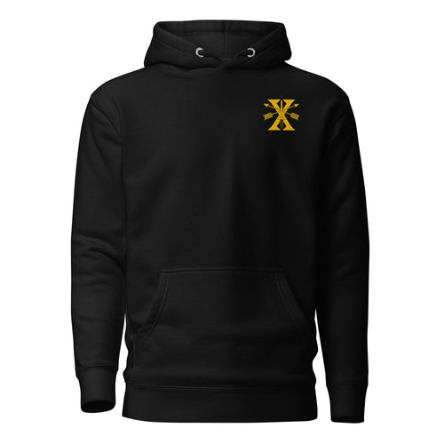 black hoodie with 10th special forces group insignia on the left chest. 