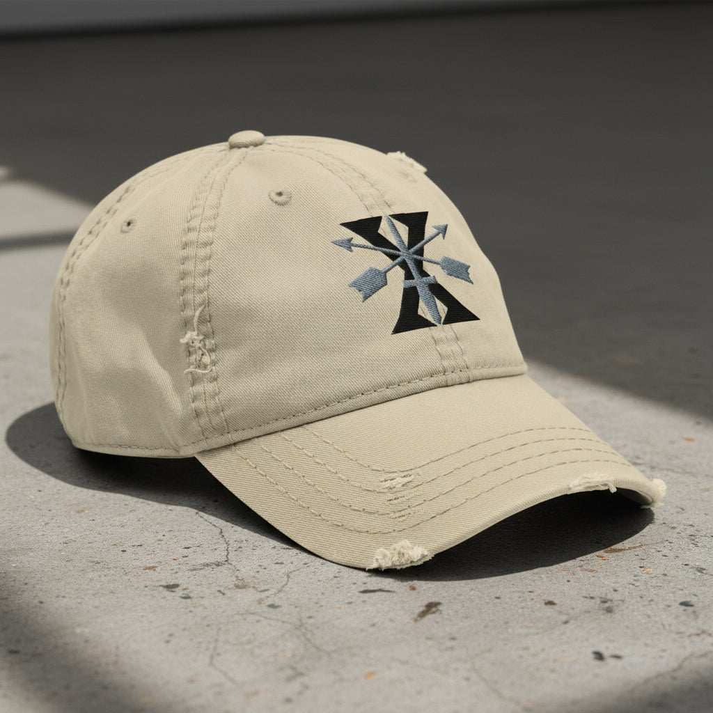 Distressed dad hat with 10th special forces group roman numeral design