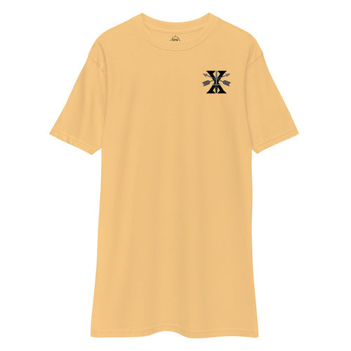 gold t-shirt with 10th special forces group insignia design on left chest