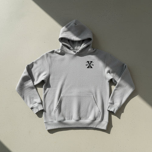 grey hoodie with 10th special forces group insignia on the left chest. 