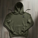 military green hoodie with 10th special forces group insignia on the left chest. 