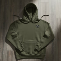 military green hoodie with 10th special forces group insignia on the left chest. 