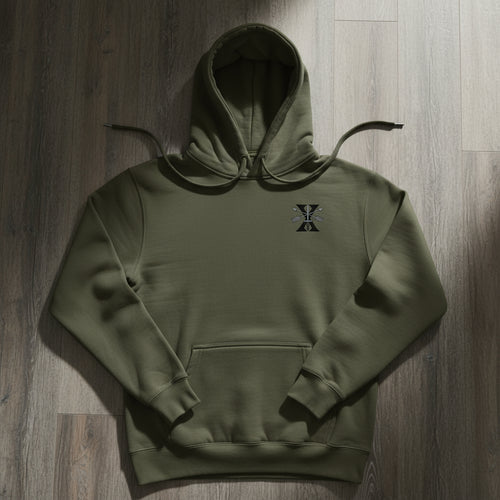 military green hoodie with 10th special forces group insignia on the left chest. 