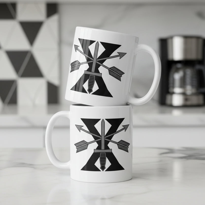 white coffee mug with 10th special forces design