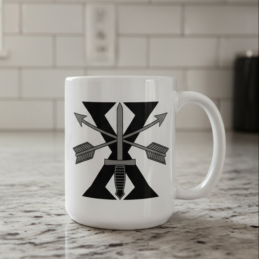 white coffee mug with 10th special forces design