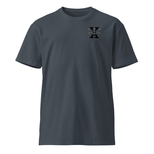 blue t-shirt with 10th special forces insignia on the left chest