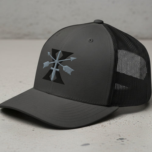 snapback trucker hat with embroidered 10th special forces group insignia and roman numeral design